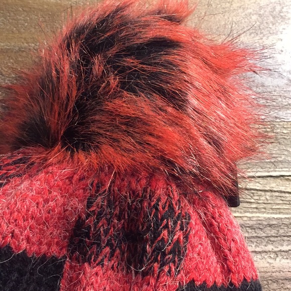 Natasha Buffalo Red Plaid Pom Pom Faux Fur Beanie - Picture 3 of 8